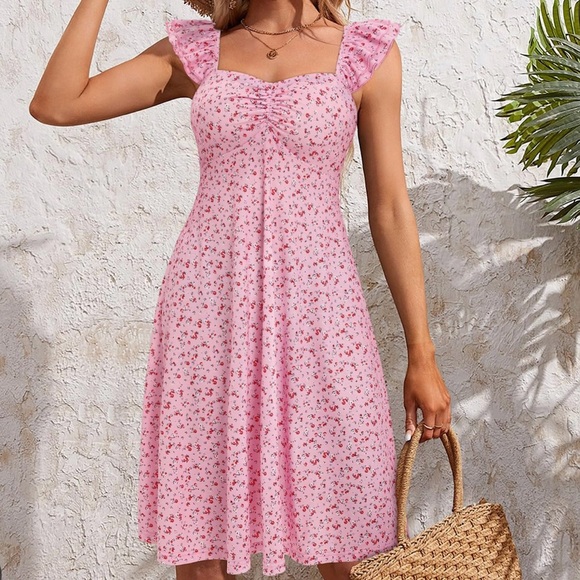 NWOT: Pink Floral Midi Dress Medium with Sweetheart Neckline and Empire Waist - Picture 1 of 10